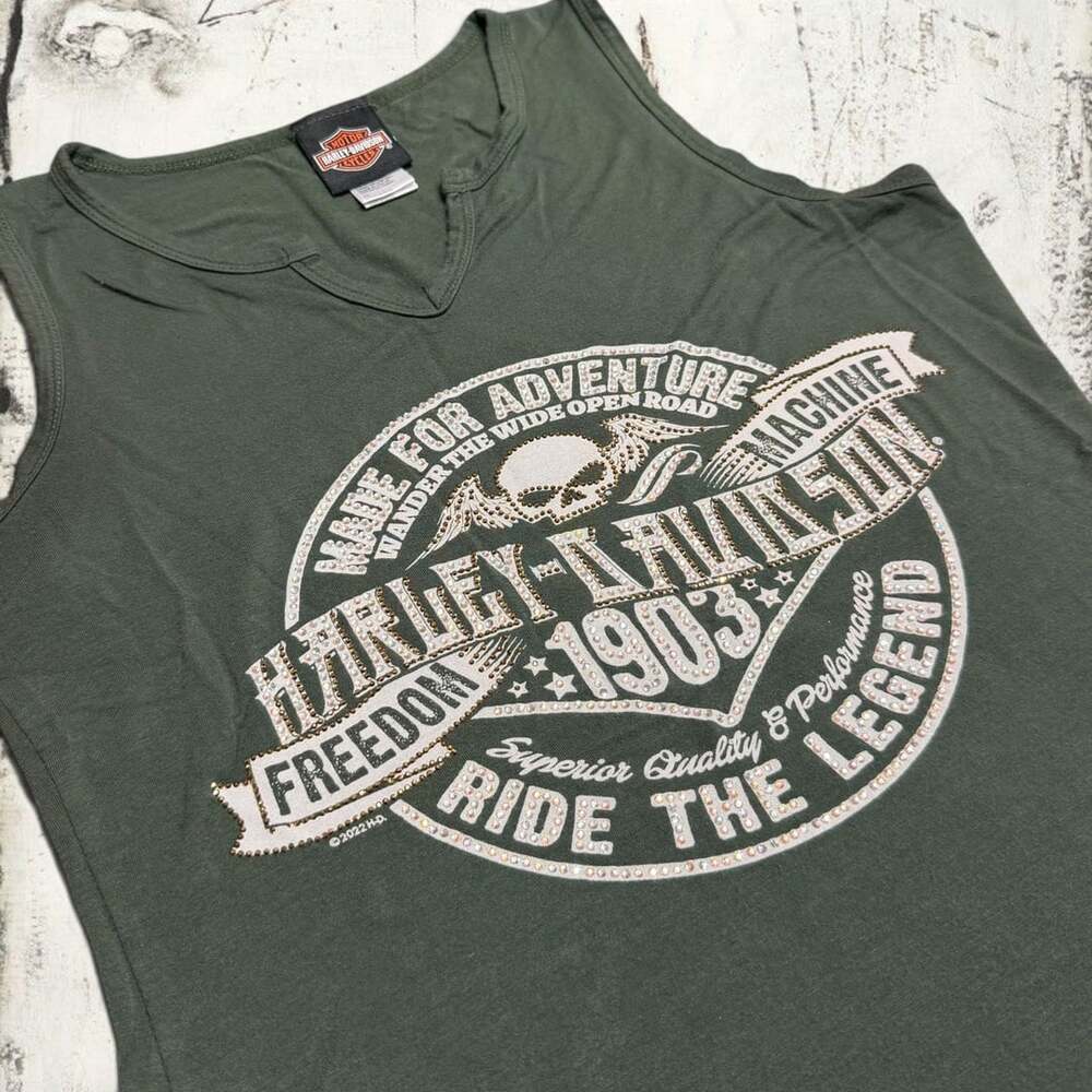 Studded Harley Davidson Tank Top Size M Olive Green Rhinestone Embellished